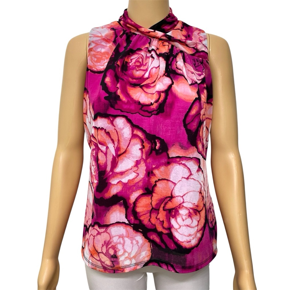 Worthington Women’s Pink Rose Floral High-neck Sleeveless Blouse size Medium P - Picture 1 of 10